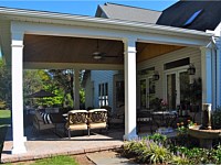 <b>Backyard patio covered porch with square columns and cedar finished ceiling with fan</b>