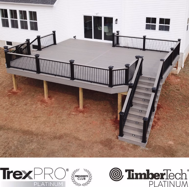 gray composite deck with trex pro logo and timber tech logo