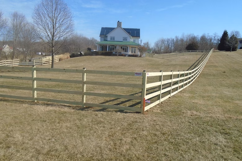 5 foot high Pressure Treated 4 Board Ranch Rail with black vinyl coated mesh