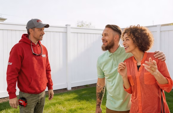 man and woman meeting with a Fence and Deck sales person in backyard