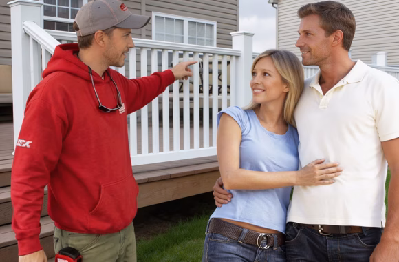man and woman meeting with a Fence and Deck sales person near back deck