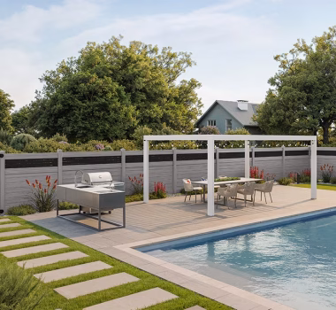 Horizontal Coastal Cedar Vinyl Privacy Fence with Decorative Screen Panel Top