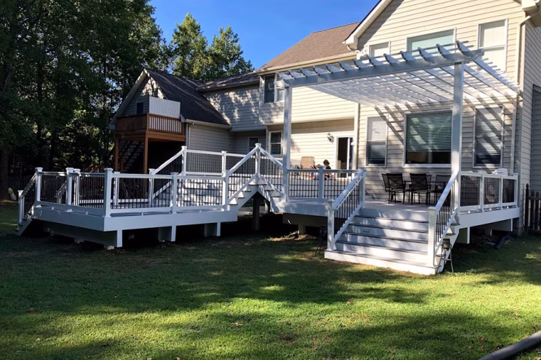 Trex Transcend Pebble Gray Decking with White Washington Vinyl Railing Black Round Aluminum Balusters Pergola in Annapolis MD