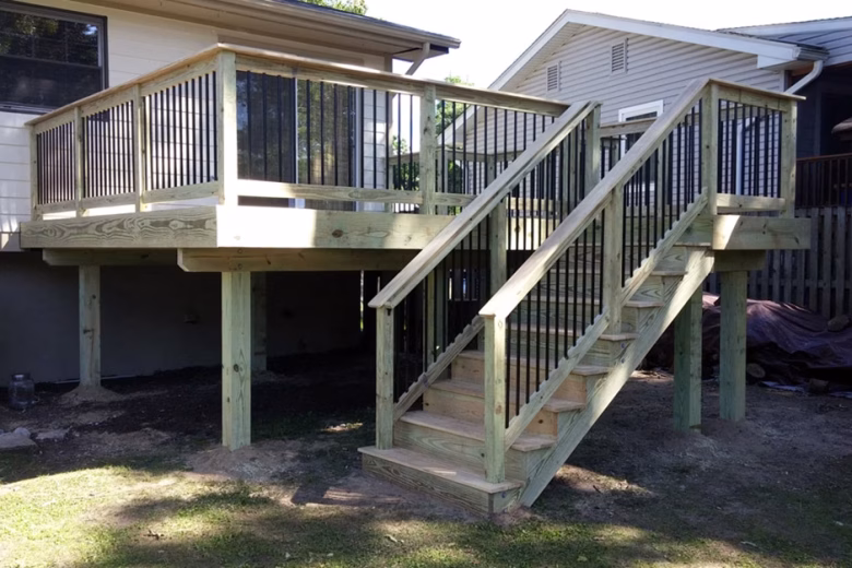 Wood Deck with Wood Railing with Black Aluminum Balusters
