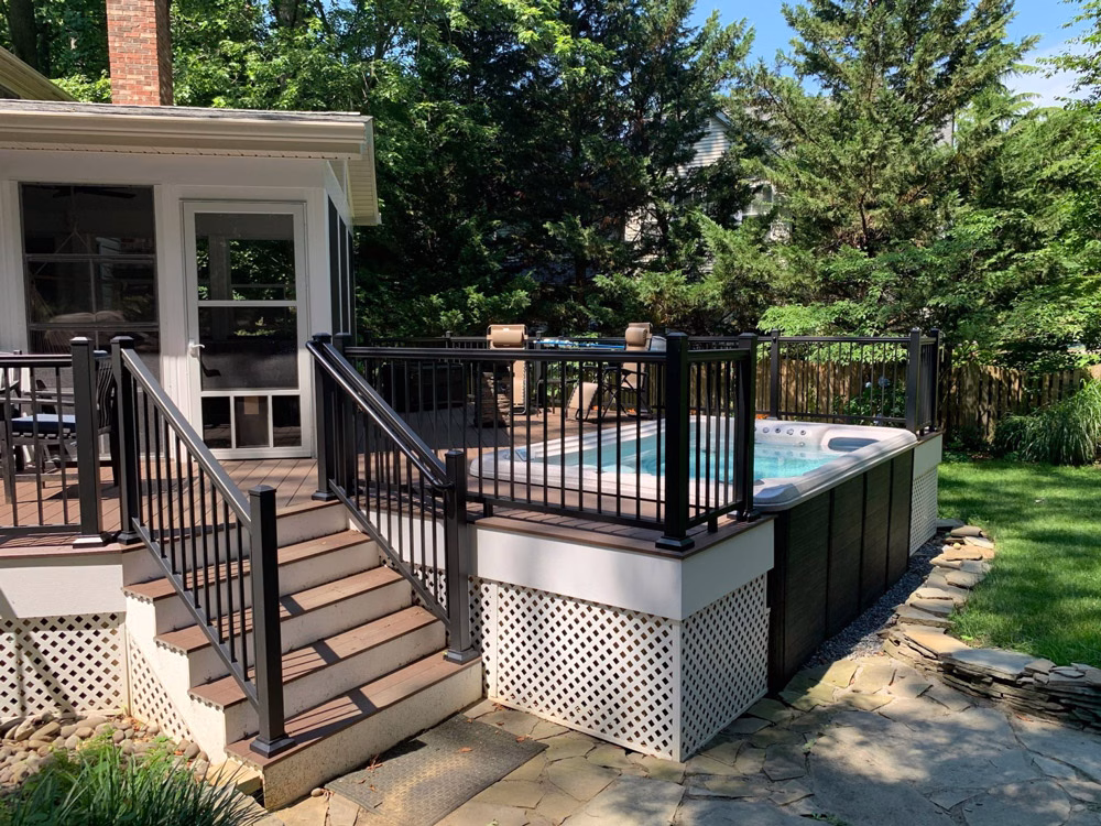 TimberTech decking in the beautiful Rustic Elm color with steps and porch