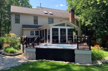 TimberTech decking in the beautiful Rustic Elm color with steps and porch