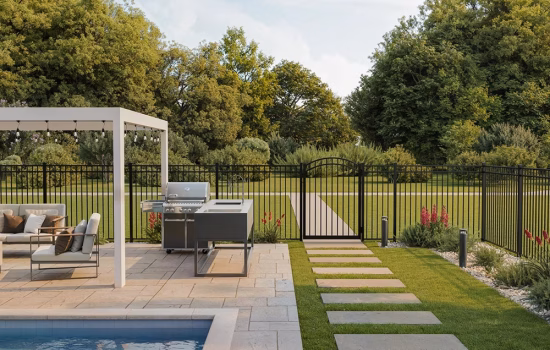 outdoor pool with an aluminum fence