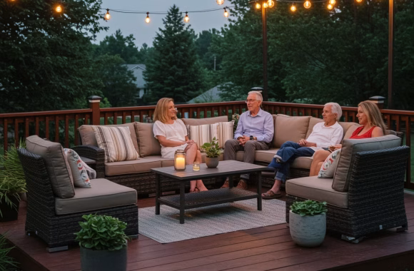 family sitting on back deck under string lights