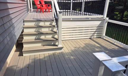 a close up of the steps leading to top level of deck