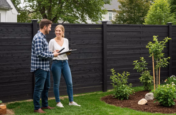woman and contractor in backyard