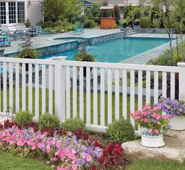 white contemporary closed top pool code vinyl fence
